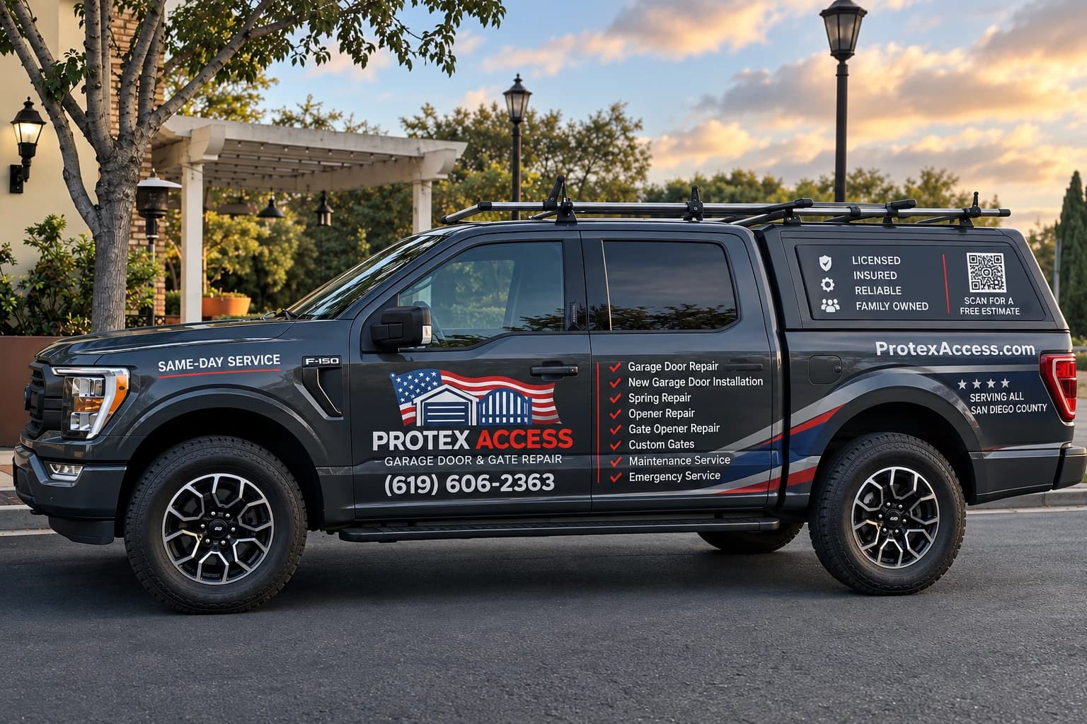 Protex Access branded service truck parked outside a home
