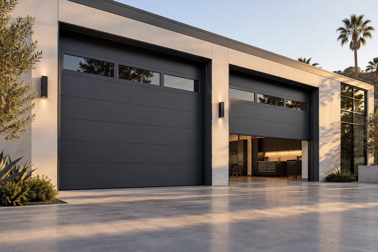 Illustrative contemporary commercial workshop with charcoal sectional garage doors