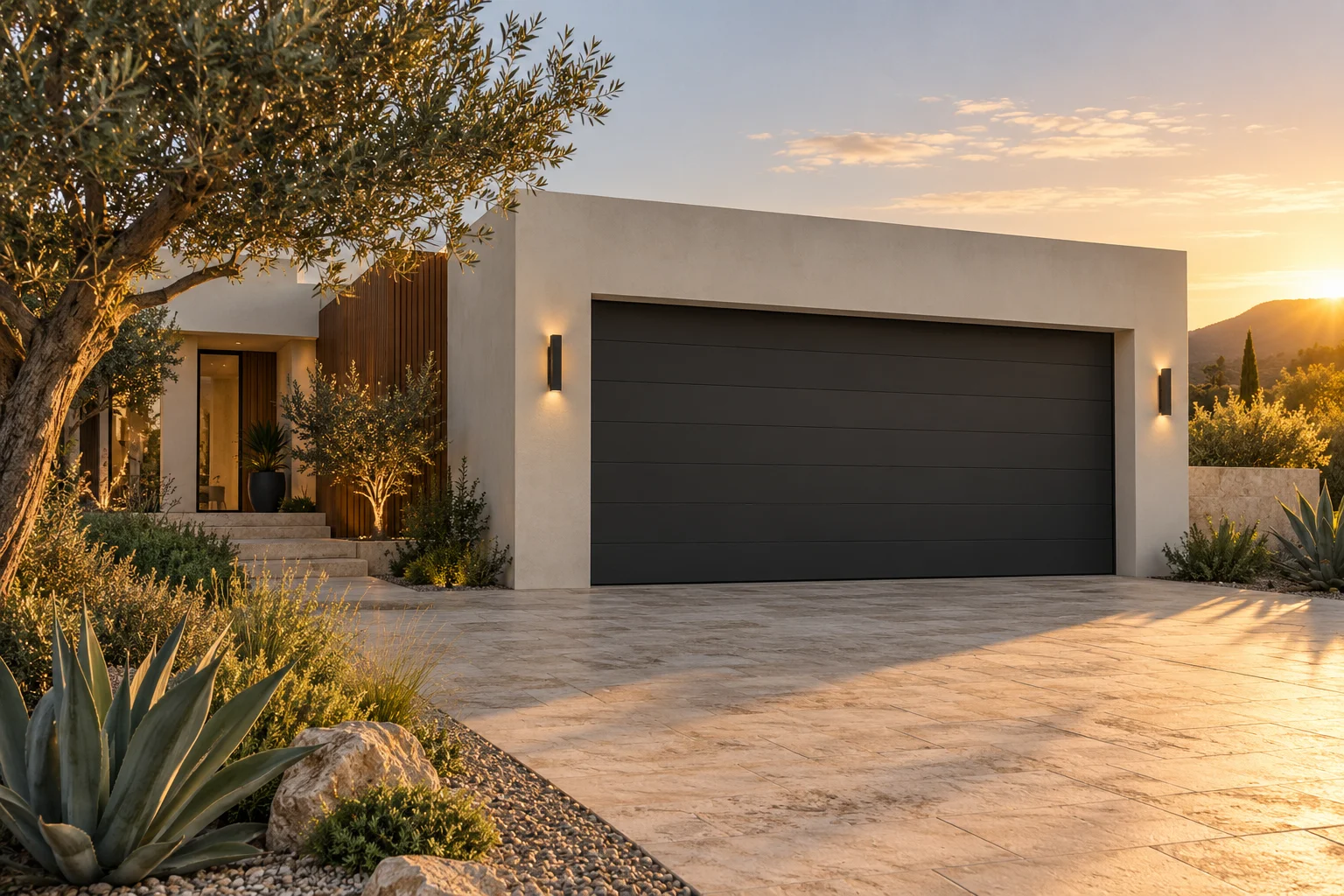 Architectural concept of a contemporary home with a charcoal garage door