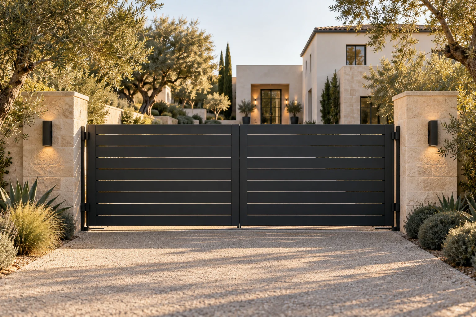 Illustrative charcoal driveway gate between limestone pillars